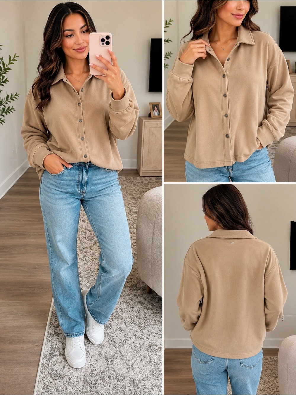 Casual Mocha Button Front Fleece Shacket – Size M